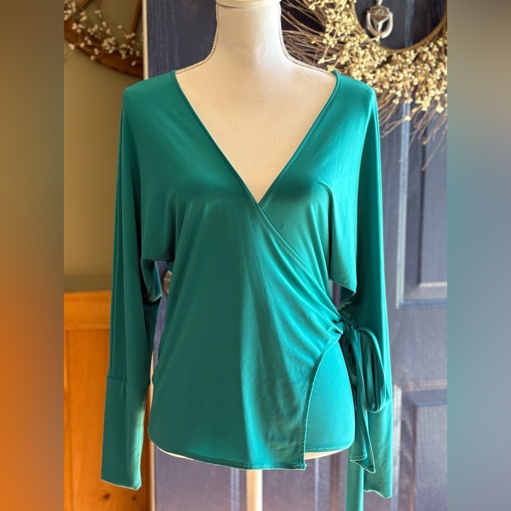 Boston Proper Teal Wrap Blouse Size Small Made in USA.